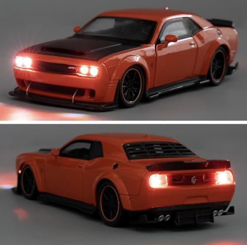 Image of Die-Cast Car Model 1:32 Scale Challenger SRT| Alloy Metal Car with Openable Doors, Hood & Trunk | LED Headlight & Taillight with Sound | Pull Back Toy for Kids & Collectors (Orange)