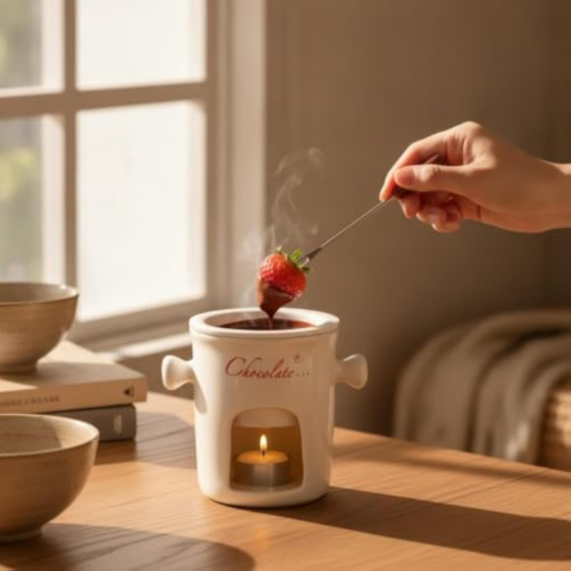Ceramic Chocolate Fondue Mug, Heat-Resistant, Beige