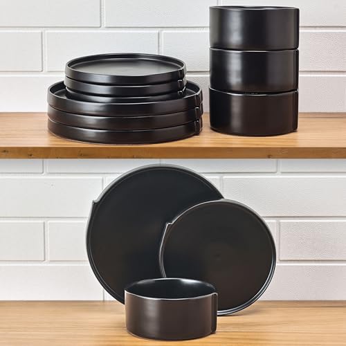 Pfaltzgraff Contemporary Edge 12 Piece Stoneware Dinnerware Set, Service for 4, Plate and Bowls with High Rims for Everyday use, Black by Pfaltzgraff - Used condition - Image 6