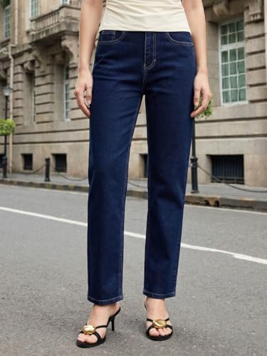 Image of Urbano Fashion Women's High Rise Straight Fit Washed Jeans Non-Stretchable