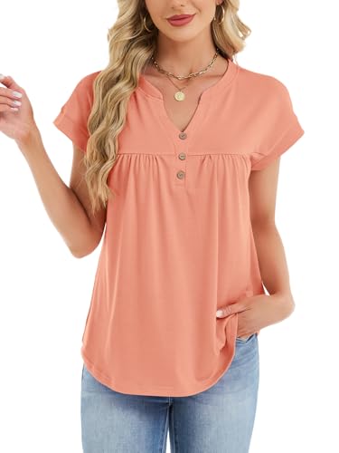 YOKGO Womens T Shirts Short Sleeve Pleated Button Top Dressy Casual V Neck Summer Tunic Tops Loose Fit Blouses Coral — view 2