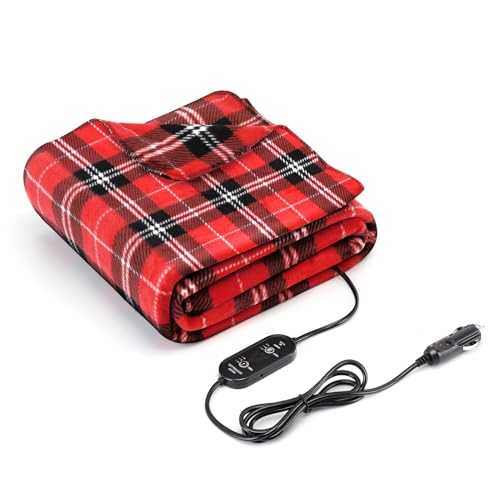 WODHMIEY Electric Car Blanket Heated Travel Throw for 12V/24V Vehicles, 3 Heat Levels with Timer, Washable Fleece Heating Blanket for Road Trips, Camping, In-Car Naps, Emergency – 59x43in (150x110cm)
