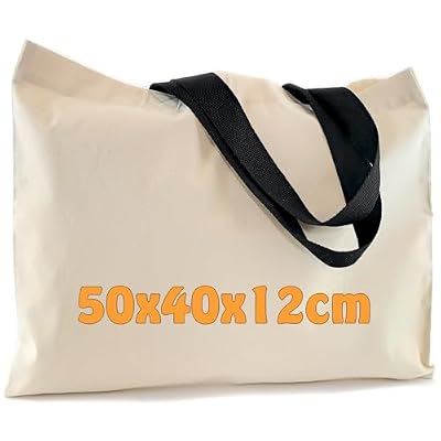 Cottonbagjoe Borsa grande in cotone di 50 x 40 x 12 cm, spaziosa borsa da trasporto per acquisti, viaggi e uso quotidiano, resistente borsa in tela di cotone, certificata Öko-Tex 100, beige, 50 x 40 x