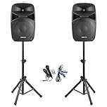 Vonyx VPS122A 12" Bluetooth Active Party Speaker System with LED Lights, Active/Passive Speaker Pair with Speaker Stands & Microphone - Ideal for Home Audio, Parties, DJ Events & Karaoke Nights