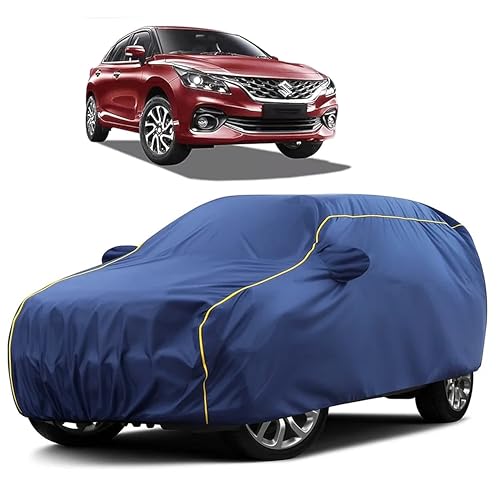 Image of Sulfar 100% Water Resistant Car Body Cover Compatible with Mirror for Maruti Suzuki Baleno (Triple Stitched, Full Bottom Elastic, Blue Taffeta with Yellow Piping)