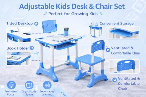 Image of MLU Adjustable Kids Study Table & Chair Set with Book Holder, Storage Tray & Tablet Stand | Height Adjustable Ergonomic Desk for Kids