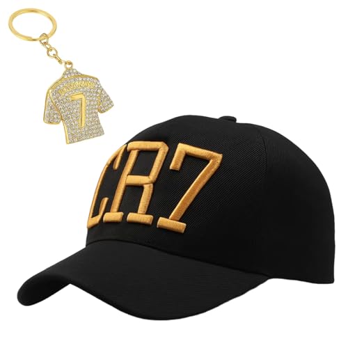 KFSCIP 2PCS Set Ronaldo Gifts for Boys, CR7 Baseball Cap 54-60cm and Golden Number 7 Keychain, Adjustable Cap for Kids, Ideal for Football Games and Casual Wear, Cool Outfit for Boy Black