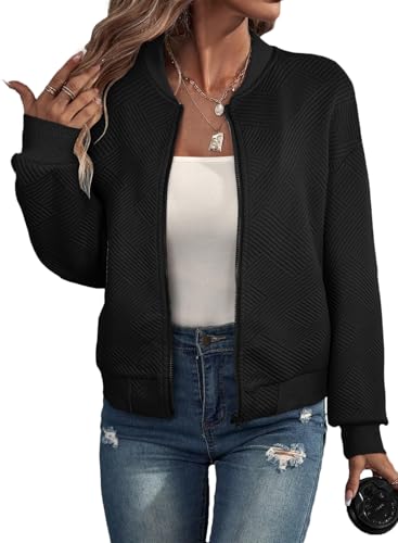 EVALESS Womens Bomber Jacket Coat Casual Stand Collar Zip Up Lightweight Fall Fashion Jackets Outfits with Pockets