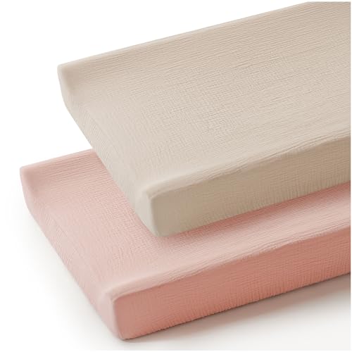 Konssy 2 Pack Muslin Changing Pad Cover for Baby Girls Boys 100% Cotton Fitted Diaper Changing Table Cover Set, Soft Changing Pad Sheets