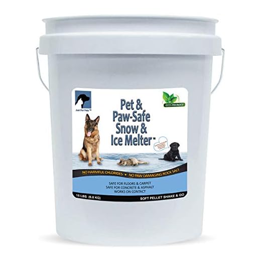 JUST FOR PETS Snow & Ice Melter Safe for Pets & Paws Contains No Toxic Chlorides or Painful to The Paw Rock Salt, Safe for Dogs & Cats. Fast Acting and Works On Contact 15 lb Shaker Jug
