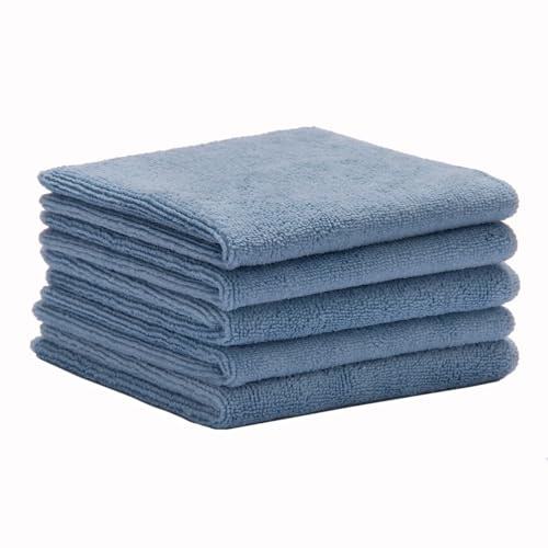 Microfiber Cleaning Towels, 12 x 12 Inch, Blue, Set of 5 – Lint-Free, Non-Scratch, Reusable Cloths for Glass, Windows, Auto Detailing & Home Cleaning