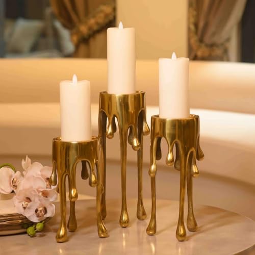 Image of ZOVE Luxurious Gold Drip Design Aluminium Metal Candle Holder Set (Set of 3) - Modern Decorative Stand for Pillar Candles | Home, Living Room & Table Decor