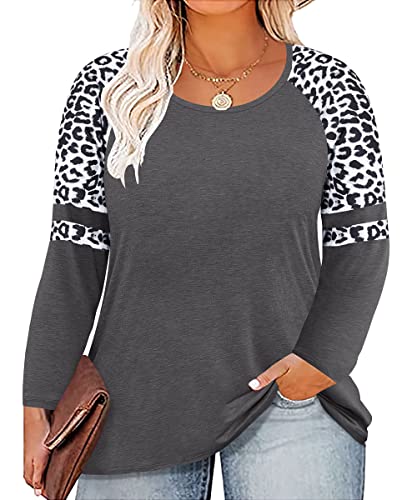 TIYOMI Plus Size T Shirt for Women Long Sleeve Raglan Tops Tee Shirts Color Block Top Leopard Plaid Print XL-5XL 14W-28W