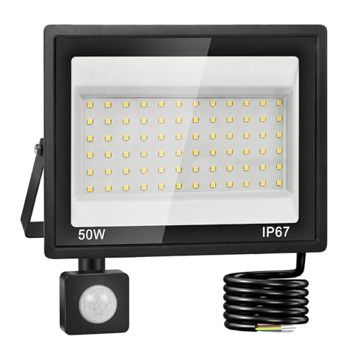 Plazique Projecteur LED Extérieur Detecteur de Mouvement 50W,7000K Blanc Froid,5000LM Super Lumineux,IP67 Étanche,72LEDs,Spot Extérieur pour...