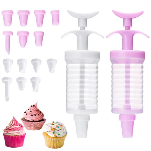 2 Sets of Icing Syringe Set, Piping Set, Cake Decorating Piping Kit, Piping Gun Piping Nozzles Set, Cake Decorating Kit with 16 Pieces Icing Nozzles, Cake Dessert Decorator Piping, Pink+White