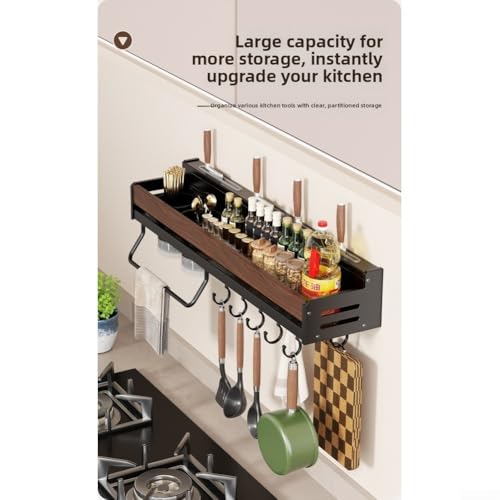 Étagère à épices murale en noyer et inox 50 cm B avec crochets pour cuisine - 6