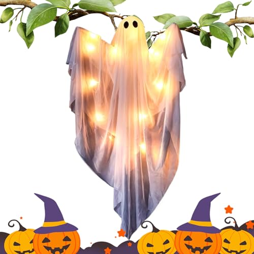 Decoración De Fantasmas para Halloween | Iluminado LED Fantasma - Figuras Colgantes con Sonido Decoración Espeluznante Y Adorable - para Exterior Casa Ventana Porche Hogar Puerta Noche Fiesta Jardín