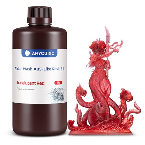 ANYCUBIC Wasser Waschbares ABS-Like Resin 3.0, 3D Drucker Resin mit Hohe Festigkeit und Zähigkeit, Geruchsarm, Hochpräzises 405nm UV-härtendes Harz für alle Harz 3D Drucker, Transluzent Rot 1000g