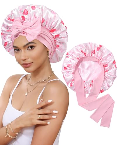 CHLINS Satin Bonnet for Sleeping Cap Double Layer Hair Bonnet with Elastic Tie Band for Curly Hair Night Cap (Bean Paste + Pink)