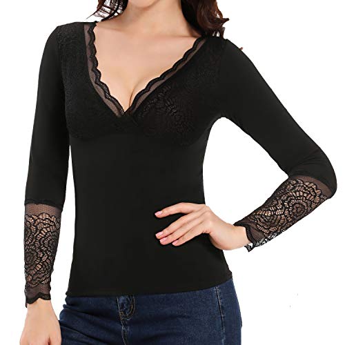 Lace Thermal Shirts for Women Long Sleeve V-Neck Tank Tops Underwear Fleece Lined Cami Base Layer Winter Shirt (Black, XX-Large, xx_l)