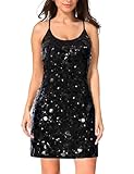MANER Women's Glitter Contrast Sequin Dress Adjustable Spaghetti Strap Sparkle Party Coin Dresses (Big Black, Medium)