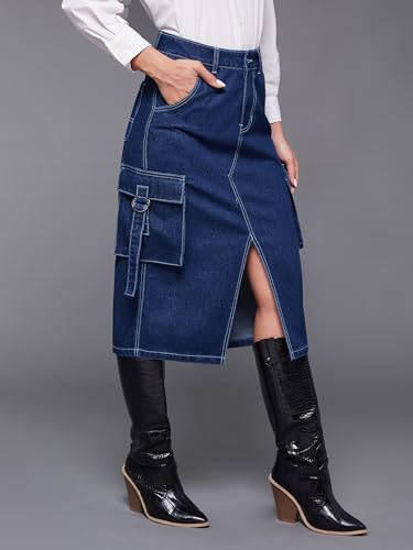 Image of Miss Chase Women's Straight-Fit High-Rise Stretchable Denim Midi Skirt