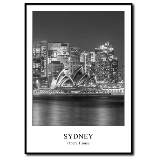 STYLER daazoo Tableau Décoratif Opéra de Sydney 50 x 70 cm avec Cadre Noir - Image Noir et Blanc Vintage Australie - Décoration Murale Moderne pour Salon,...