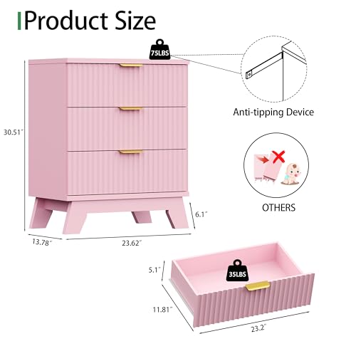 Image of Xixini Fluted Dresser for Bedroom with 3 Drawers, 24 inch Wide Modern Chest of Drawers with Metal Handle, Wooden Dresser TV Stand, Wood Closet Clothes Storage Organizer for Living Room, Hallway, Pink