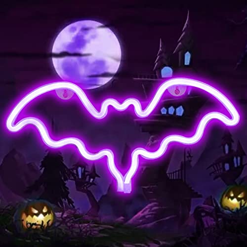 Image of LED Neon Bat Signs Halloween Decor, Purple Bat Shape Neon Lights Night Battery Operated Desk Table Lamp for Bedroom, Bar, Wall, Halloween Decor-Bat(Purple)