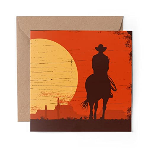 1 x biglietto di auguri (inserto fotografico) - Sunset Cowboy Texas Horse - Blank Birthday Celebration Anniversary #12885