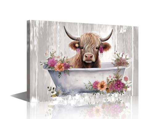 Vache des Highlands sur toile pour une décoration de salle de bain moderne