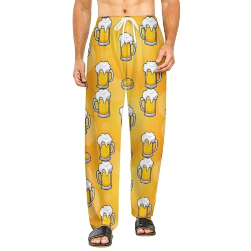 Unisex Patterning of Draft Beer Mugs with Foam Drawstring Pajama Pants, Cozy Swea Casual Sleepwear for Weekend, Premium Poly Spandex Unisex PJ Bottoms Medium