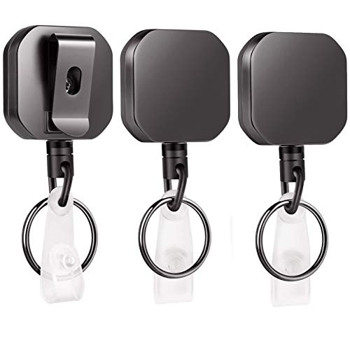 WLHGH Badge Holder, 3 Pack Heavy Duty Metal ID Badge Holder Key Reel with Belt Clip Key Ring for Name Card Keychain (Glossy Black)