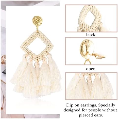 Roheafer 9-12 Pairs Clip on Drop Earrings for Women Statement Rattan Resin Acrylic Tassel Drop Dangle Earrings Lightweight Geometric Hoop Non Piercing Earrings