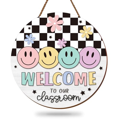 FYSUIMU Pastel Smile Face Wooden Hanging Sign Classroom Welcome Wood Sign White Black Checkered Door Decor Signs for Back to School Door Wall Decor