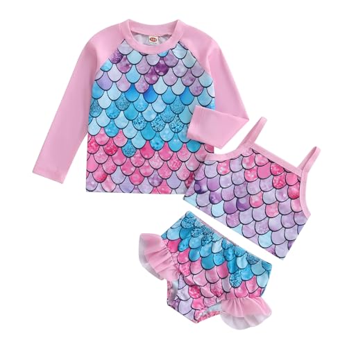 Kids Little Girl Swimsuits Swimwear Summer Mermaid Camisole+Elastic Ruffles Shorts+Cover up Set Bathing Suits