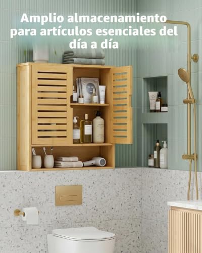 Miniatura 5 de Smibuy Gabinete De Baño Montado En La Pared, Organizador De Bambú Para Almacenamiento Sobre El Inodoro, Gabinete De Medicina Para Ahorrar Espacio Con 2 Puertas Y Estantes Ajustables Natural