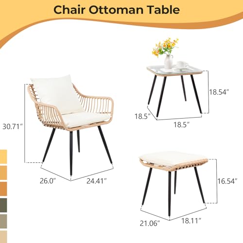 PORWEY 5 Piece Patio Furniture Set, Outdoor Wicker Small Conversation Bistro Set, All-Weather PE Rattan Chairs with Ottoman & Coffee Table, Ideal for Balcony Porch Deck Yard Poolside (Yellow/Beige) - Image 4