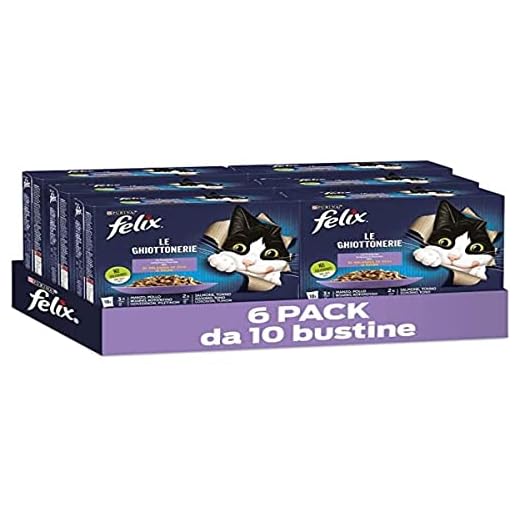 Purina Felix Le Ghiottonerie Cibo Umido per Gatti con Manzo, Pollo, Salmone e Tonno, 60 buste da 85g