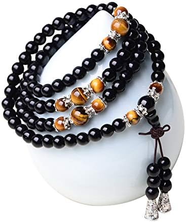 Miniatura 2 de Pulsera de piedras preciosas de cristal de ojo de tigre meditación budista tibetana 108 cuentas de oración obsidiana aleación Rienar-129