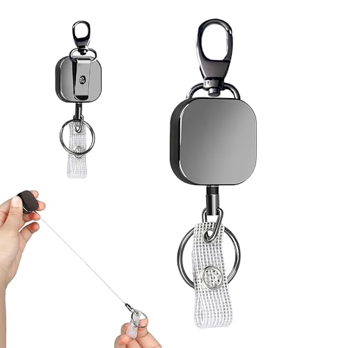 Image of Retractable ID Card Holder with Carabiner and Key Ring, Black | Zinc Alloy Carabiner With Key Ring And Back Clip For ID Cards, Access Badges And Keys At Offices, Campuses And Worksites