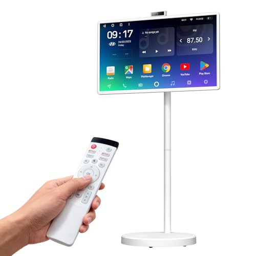 VLH 32 Inch Smart Portable TV Tablet with Rolling Stand, 1080P Touch Screen Rolling TV, Built-in 38400mAh Battery, Android 15, 8+128GB Wireless TV on Wheels with Remote, 360° Rotation, 5MP Camera