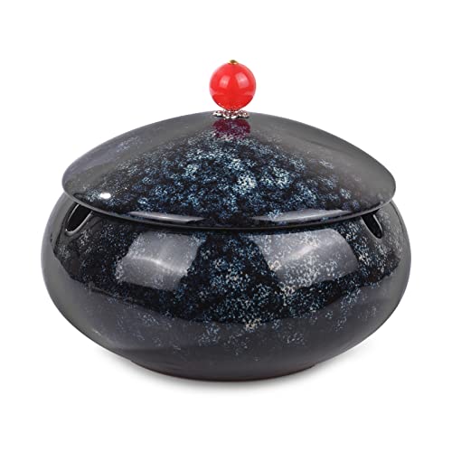 Ceramic Ashtray with Lid Ash Tray Sets for Weed, Windproof Ashtrays for Cigarettes Outdoor, Cool Ashtrays for Patio Home Office Decoration (Black)