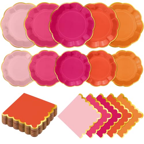 Kochorie 200 Pcs Pink & Orange Scalloped Paper Plates and Napkins