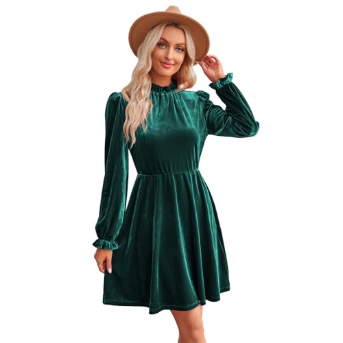 RPAEOY Vestido Mujer Elegante Terciopelo Manga Larga Cuello Alto Vintage Vestido Otoño Invierno Midi Vestidos de Fiesta Coctel Navidad Verde XL