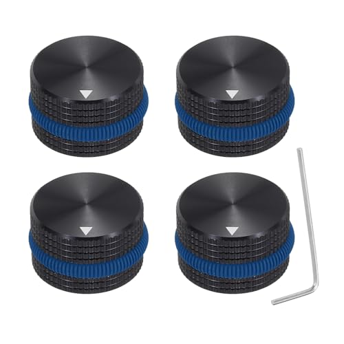 sourcing map 4Pcs Aluminium Potentiometer Knobs, 1/4"(6mm) Volume Audio Control Knobs 15.5mm x 25mm Potentiometer Screw Type for Guitar Bass with Black Blue Rubber Ring and Wrench, Black
