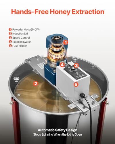 Image of VEVOR Electric Honey Extractor, 6 Frame with Transparent Lid, 140W Stainless Steel Honeycomb Drum Spinner, Height Adjustable, Honeycomb Extraction Equipment for Beekeeping
