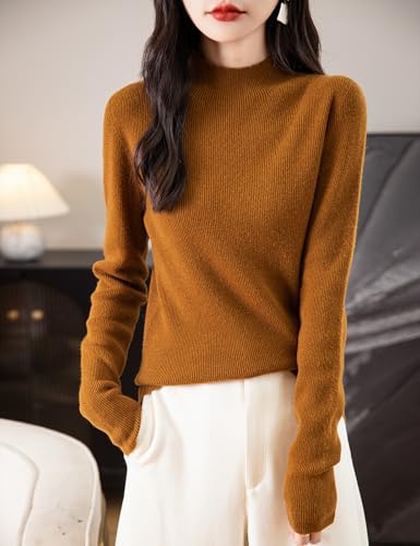Image of Chanyarn Women's 100% Merino Wool Seamless Sweater Mock Neck First-Line Ready to Wear Long Sleeve Ribbed Knit Pullover