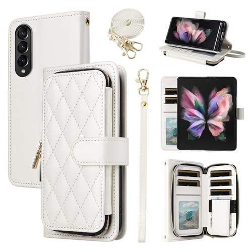 Furiet Wallet Case for Samsung Galaxy Z Fold 4 5G 2022 with Wrist Strap Crossbody Shoulder Strap, 9+ Card Slots Zipper Purse, Luxury PU Leather Stand Phone Cover for ZFold4 Z4 Fold4 4Z ZFold45G White by Furiet - Used condition - US$18.56