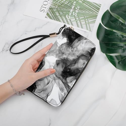 Black Smoke on White PU Leather Clutch Long Bifold Wallet, Coin Purse Credit Pass Case, Durable Card-Holder Money Storage for Women Men4